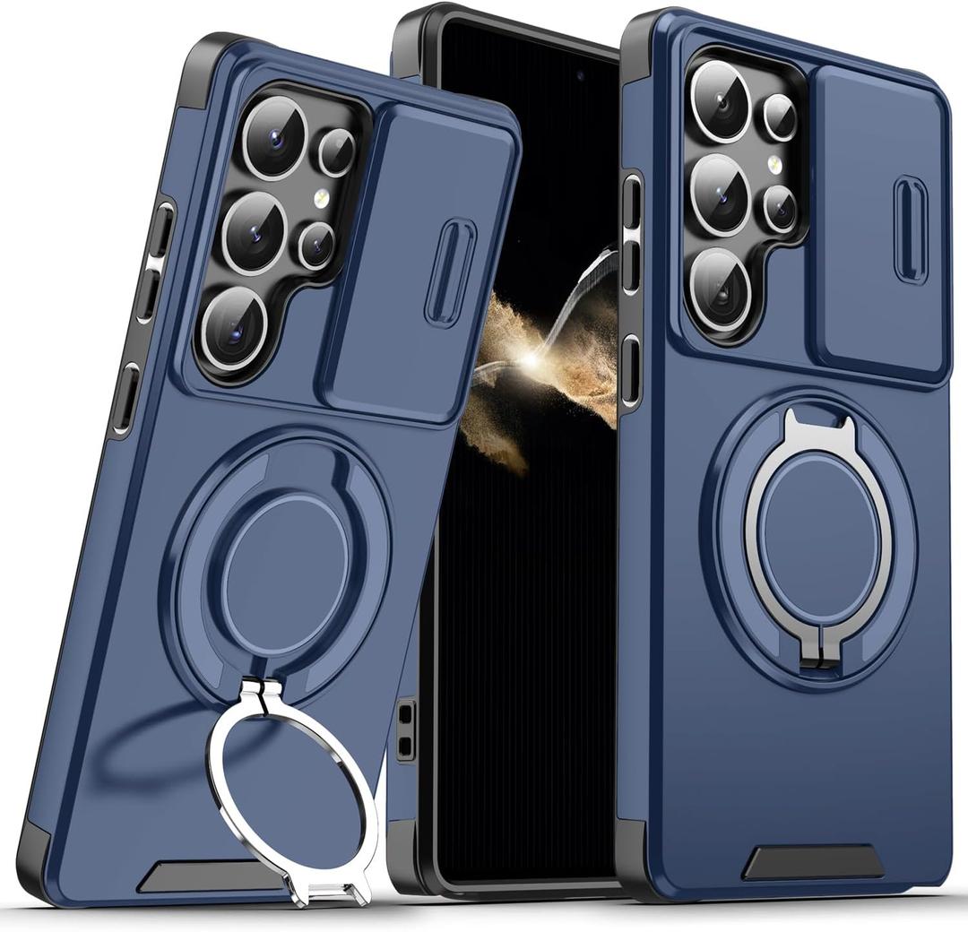for Samsung Galaxy S25 Ultra Case with Slide Camera Cover and Rotating Kickstand Ring, Slim Magnetic Shockproof Accessories Phone Case for Samsung S25 Ultra (Blue)