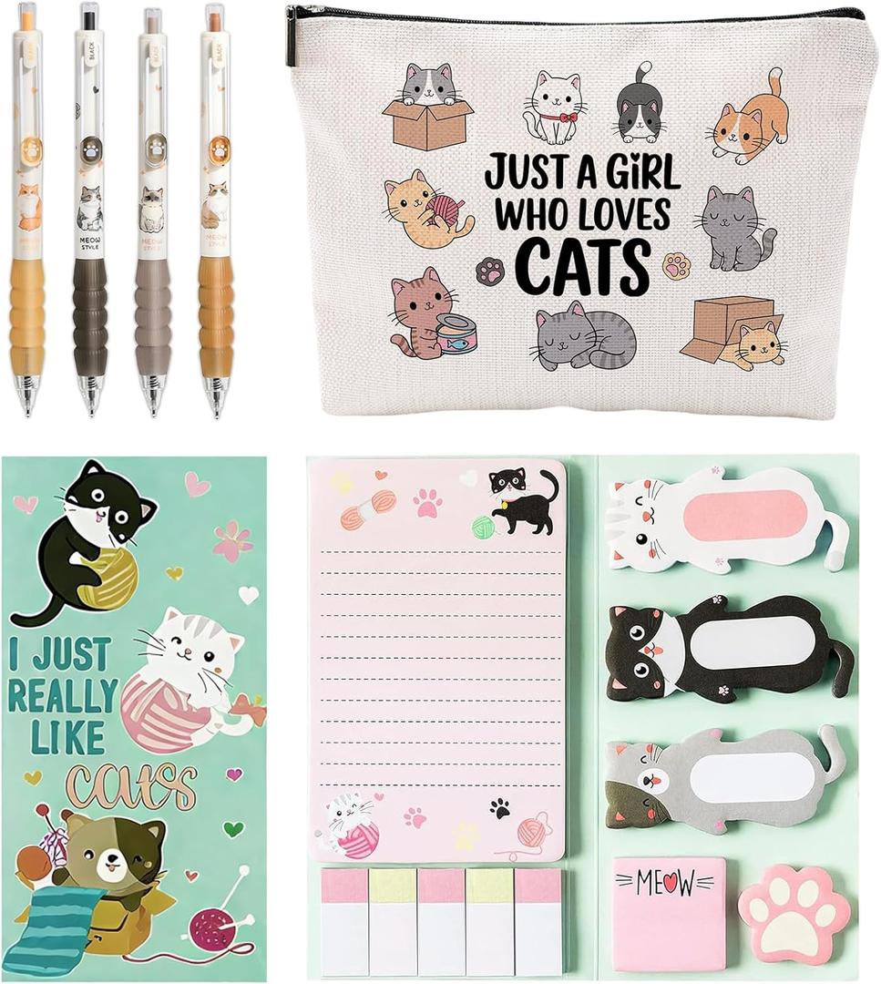 School Supplies for Girls, Cute Cat Stationery Set with Pencil Case, Pens & Sticky Notes Set, Cat Gifts Party Favor for Girls Stationery School Office Supplies (Cat)