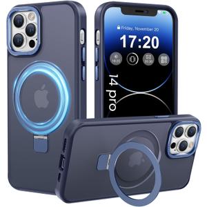 PuyaTeya Compatible with iPhone 14 pro Case with Magnetic Ring Stand, Military Drop Protection, Anti-Scratch/Anti-Fingerprint Translucent Matte Phone Case for iPhone 14 pro (Dark Blue)