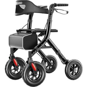 HOMLAND All-Terrain Rollator Walker with Seat for Seniors, Aluminum Frame | 10" Big Rubber Wheels | 16.4 lb Ultra-Light | Foldable Rolling Walker| Lockable Brakes| Removeable Storage Bag| Curb Climber