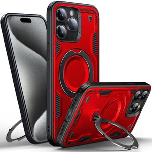 WYUIC Designed for iPhone 15 Pro Magnetic Case, Compatible with Magsafe, 10ft Drop Test Hard Rugged, 360 Rotating Ring Kickstand Heavy Duty Shockproof Protection Phone Case iPhone 15 Pro Cover, Red
