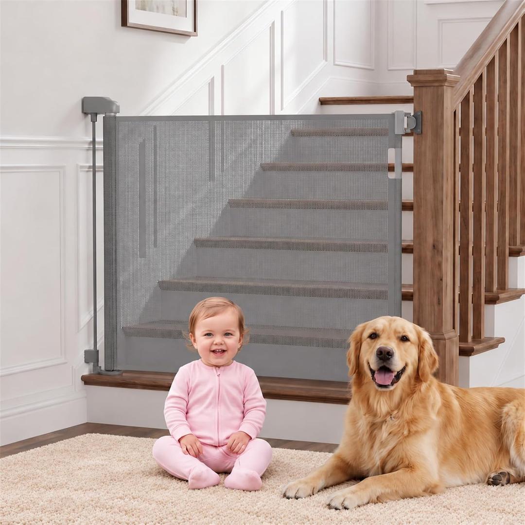 Retractable Baby Gate 55 Inch Wide for Indoor & Outdoor, Mesh Safety Gate