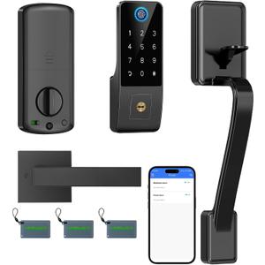 Smart Fingerprint Door Lock for Front Door – Keyless Entry Deadbolt with Handle Set, Digital Keypad, App Control, Auto Lock, Easy Install, Matte Black