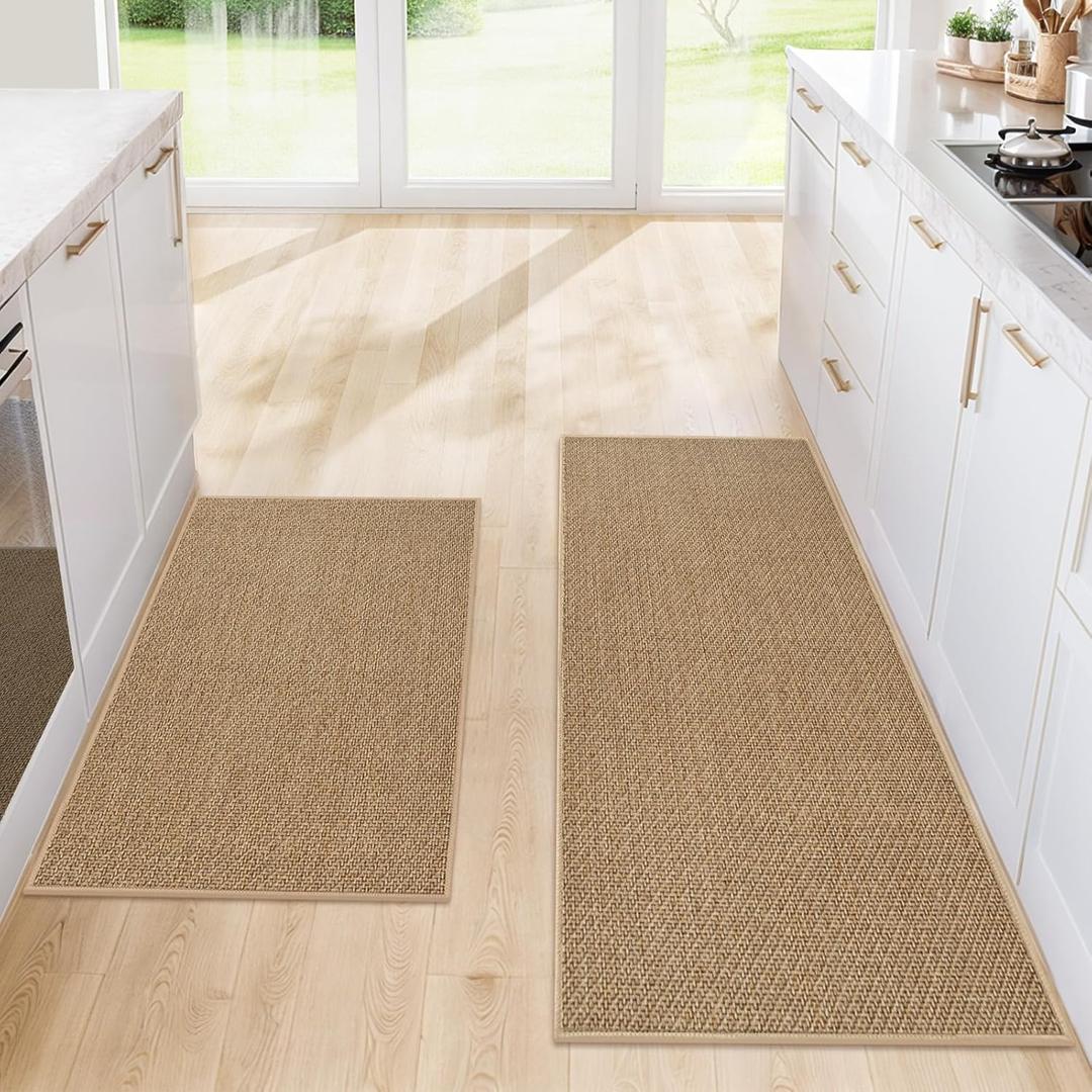 Kitchen Rugs and Mats, Non Slip Washable Set of 2 PCS, Absorbent Kitchen Mats for Floor, Kitchen Runner Rug, Rubber Backing, for Kitchen Decor, Front of Sink(Khaki, 20x 32+ 20x 47)