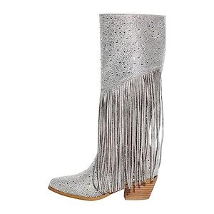 Richealnana Calf High Knee High Boots for Women Sparkle Rhinestones Sparkly Shining Comfortable Tabs Pull-On Boots Tassel Silver Size 8