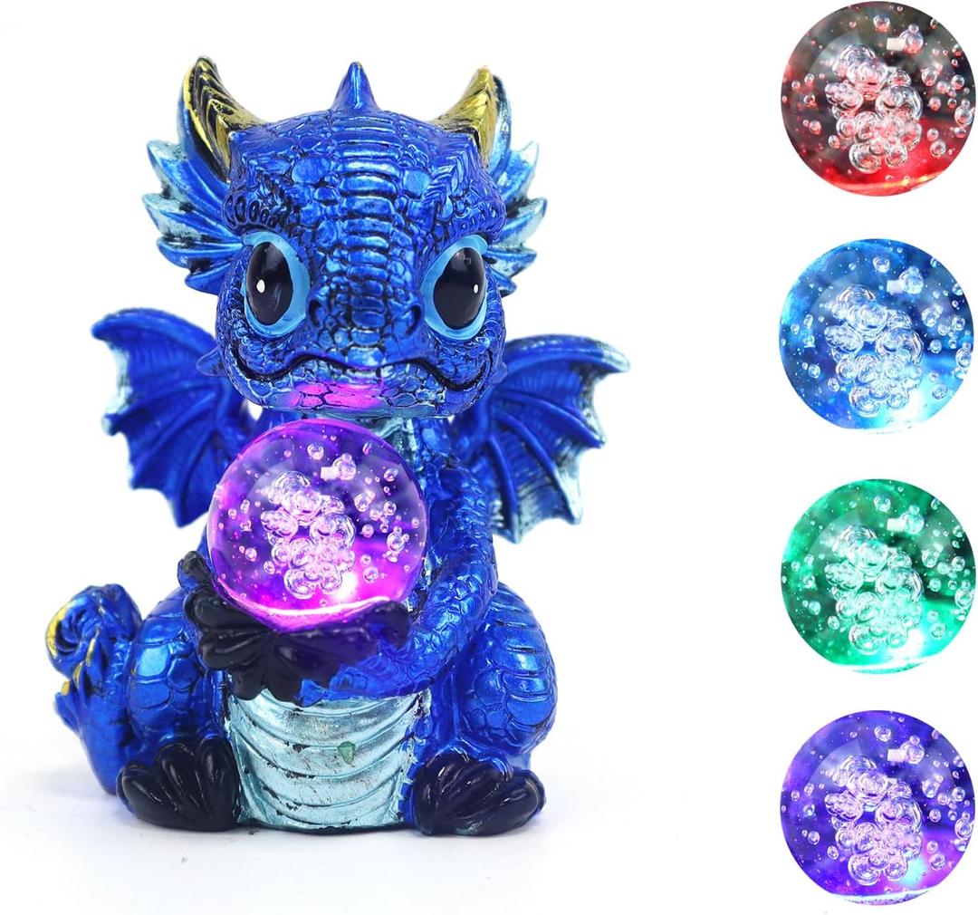 Dragon Statue Resin Dragon Figurine with Colorful Lights Crystal Ball Light Home Living Room Desk Office Festival Decorations (Blue)