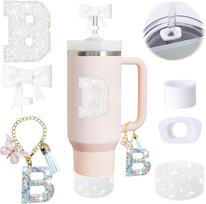 5PCS White Stanley Cup Accessories Set Fit for Stanley Cup 30oz 40oz. Including Handle Charm, Personalized Initial Sticker, Straw Topper, Sparkly Silicone Boot, Spill Proof Stopper (Letter-R)