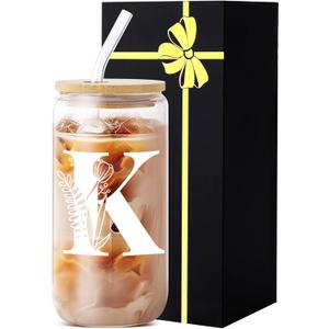 Monogrammed Glass Drinking Cup With Lid Straw Teacher Appreciation Gifts Personalized Mug Gift For Her Glass Tumbler Initial Cup Retirement Gift For Woman Teacher Must Haves Present Work Essentials
