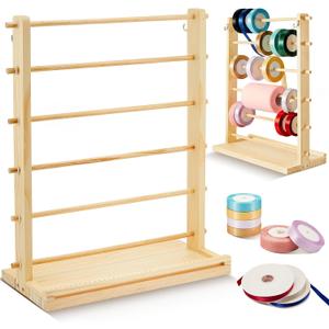 Menkxi 6 Tier Wooden Ribbon Organizer Ribbon Holder Rack Thread Washi Tape Spool Holder Storage Organizer for Sewing Craft Wreath Crochet Roll Florist Arts Wrapping Gift