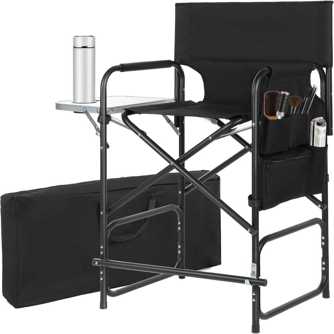 Aluminum Tall Directors Chairs Foldable, 41'' Makeup Chair for Makeup Artist with Side Table Cup Holder Storage Bag and Footrest, Weighs Only 8.8lb, 250lbs Capacity