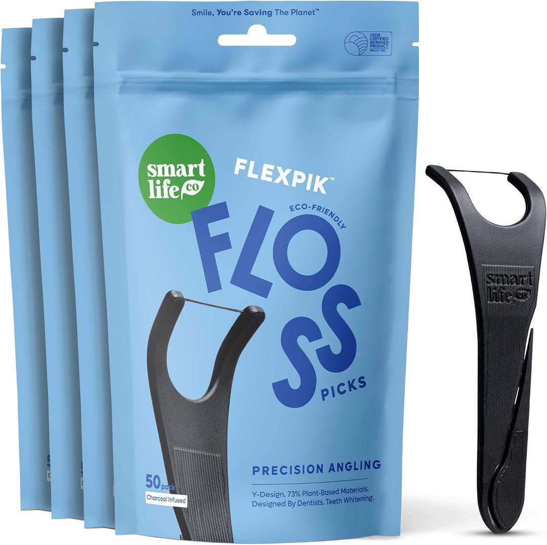 SmartLifeco Eco-Friendly Angled Dental Floss Picks (200ct) - Flossers Made With Straw Wheat Blend, Natural Whitening, Tooth Pick Stick For Adults, Vegan, Bamboo Charcoal Thread For Back Teeth & Molars