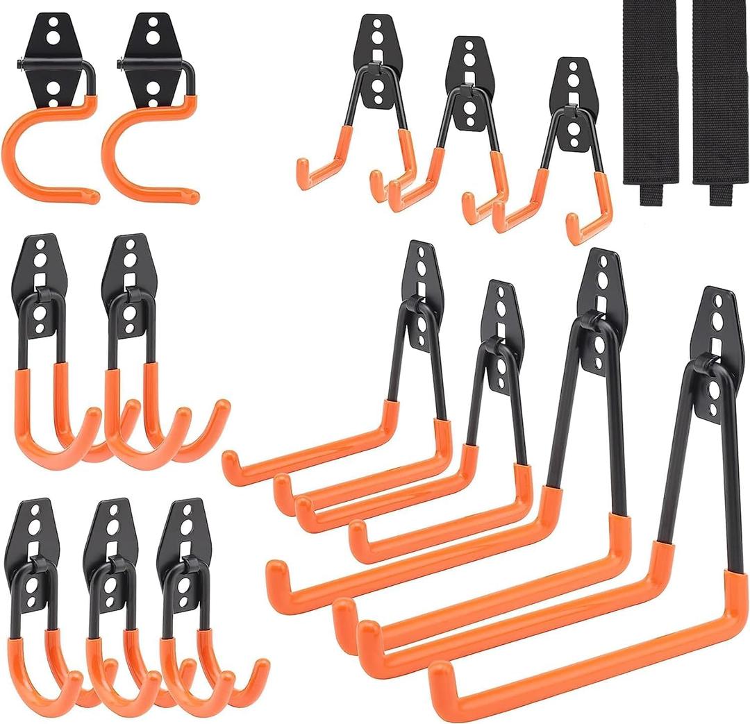 16 Pack Steel Wall Mount Garage Storage Hooks with Anti-Slip Coating, Heavy Duty, Hooks, for Hanging Bike, Ladder, Garden Tools