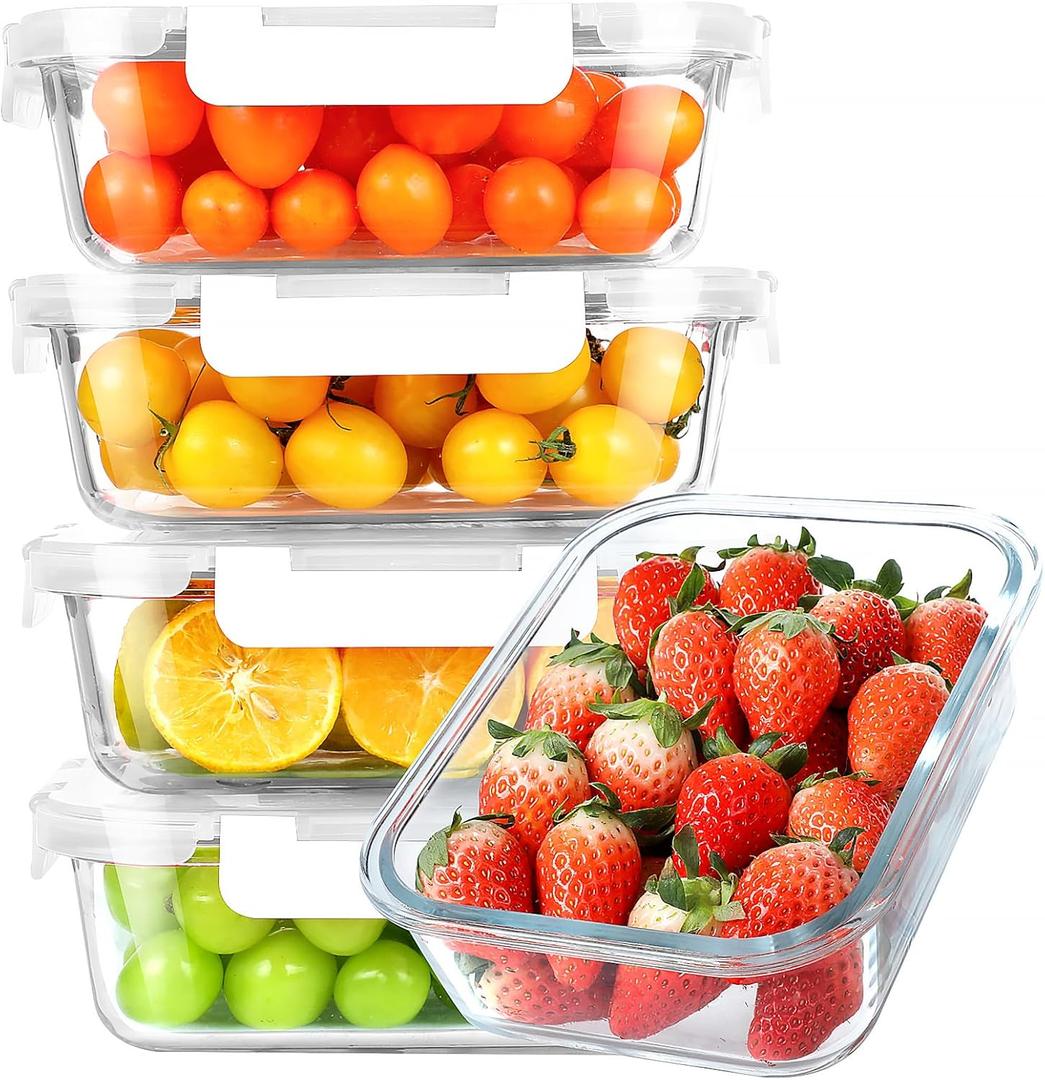 KOMUEE 30 oz 5 Pack Glass Meal Prep Containers, Glass Storage Containers with Lids - Dishwahser, Microwave, Oven and Freezer Safe, White