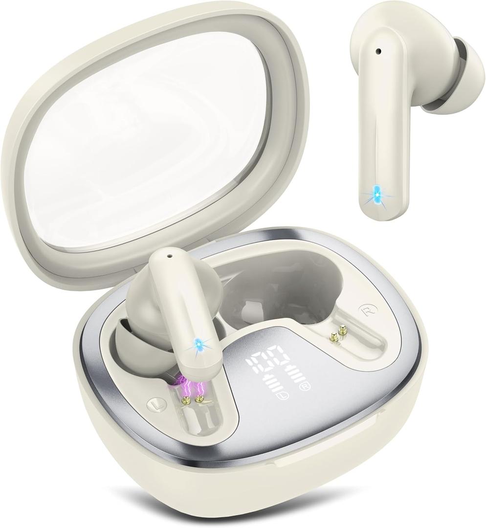 Wireless Earbuds, Bluetooth 5.4 Headphones, HiFi Stereo Bass Ear Buds, in Ear Earbuds with 4 ENC Noise Cancelling Mic, 45H, LED Display, IP7 Waterproof, Earphones for Android/iOS Sports, Off-White