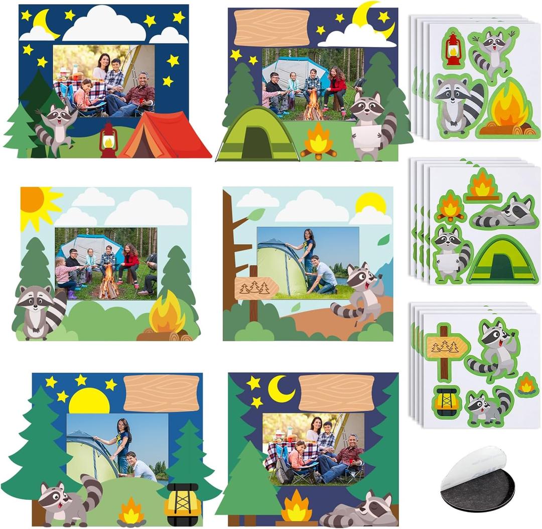24 Sets Camp Picture Frame Magnetic Craft Camping Craft Kits DIY Raccoon Stickers Photo Gifts Bulk for Camping Party Favors Home Decoration