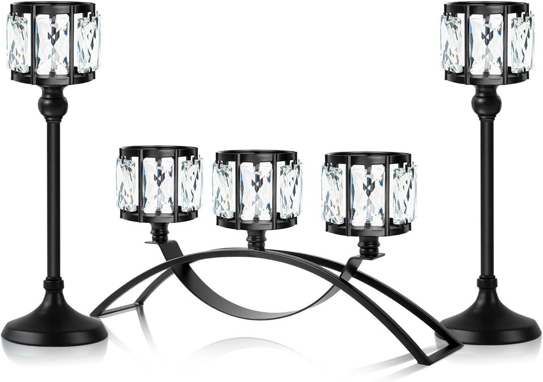 Black Set of 3 Crystal Candle Holders Arched - Elegant Tabletop Candelabra Centerpiece for Weddings, Dining Room Decor, Modern Home & Cabinet Display Housewarming