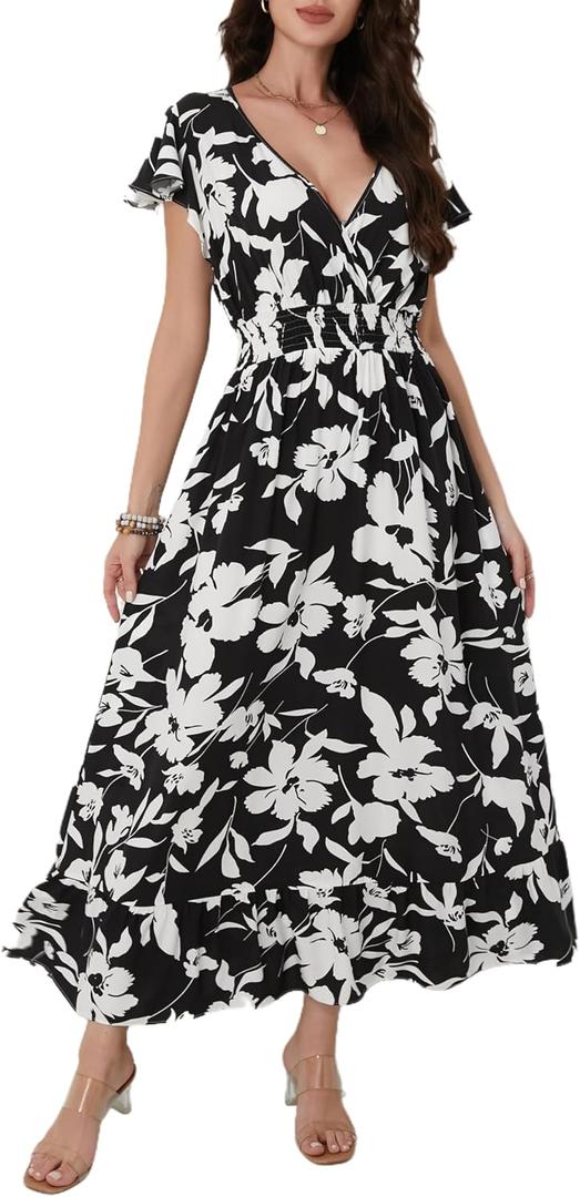 Women's Black Floral Maxi Dress Casual Sleeveless V-Neck Vacation Beach Summer Dress for Women (XL)