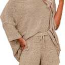 Ermonn Womens 2 Piece Outfits Sweater Sets Off Shoulder Knit Tops Waist Short Suits Casual Pajama Set XL