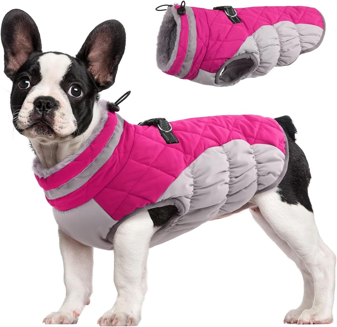 FUAMEY Dog Coat for Small Dogs, Waterproof Dog Winter Jacket with Harness Built in Puppy Cold Weather Coats Reflective Pet Vest with Zipper Warm Fleece Dogs Snowsuit Windproof Pink XS (XS(chest:14in), Rose Red)