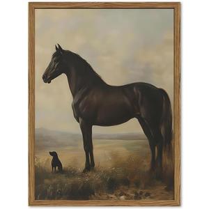 Vintage Black Horse Wall Art Cottagecore Horse and Dog Wall Decor Painting, Moody Rustic Animal Poster Canvas Print Picture for Living Room Bedroom 16x24 inch Wood Framed