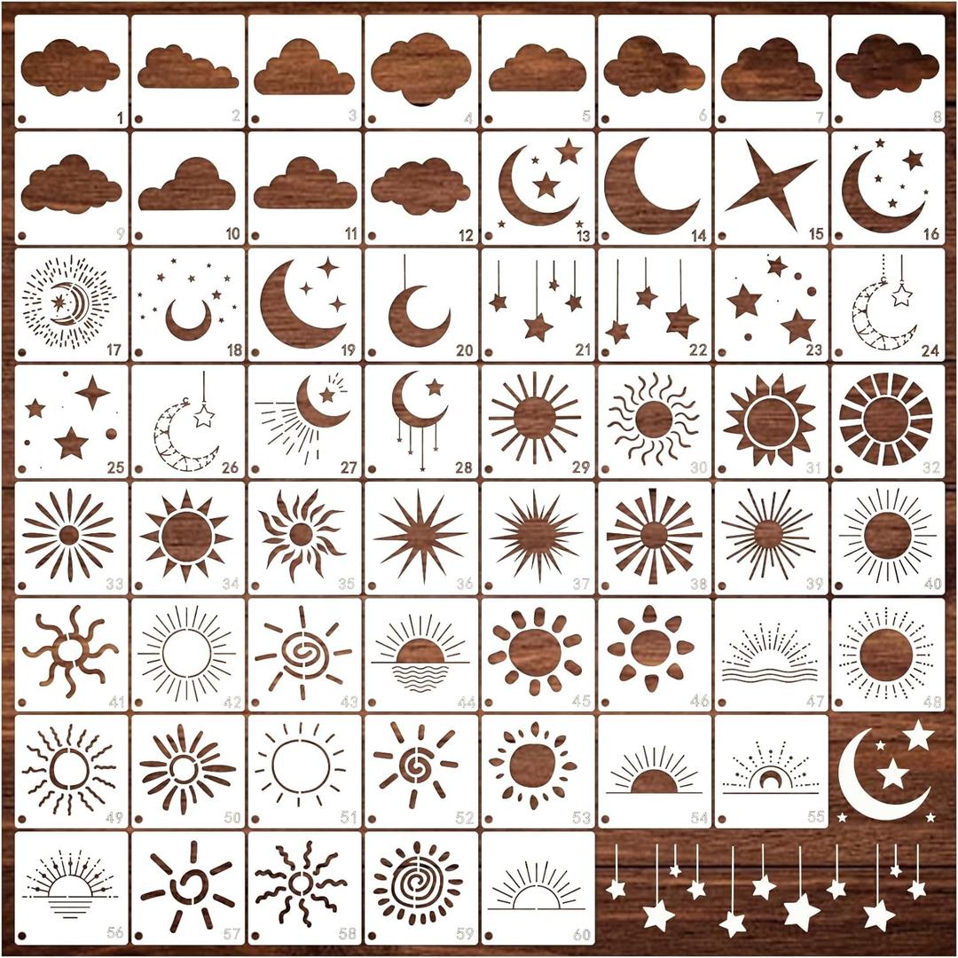 Boho Sun Stencils for Painting on Wood Burning Patterns Cloud Moon Stencils Nature Stencil Celestial Star Paint Template on Art Craft Canvas Wall Fabric Rock (60 Sun)