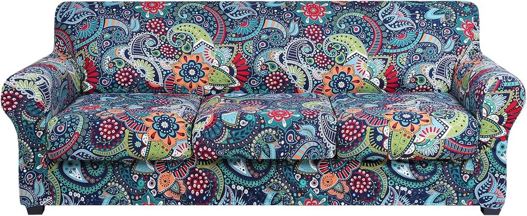 hyha Couch Cover, Floral Pattern, Stretch, Printed, 4 Pieces, Sofa Slipcovers, for 3 Separate Cushion Couch, Washable Furniture Protector for Dogs(Paisley Floral) (Large, Blue Green)