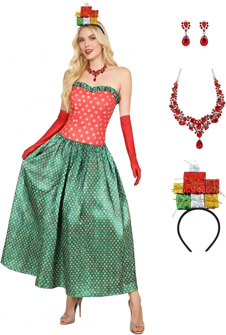 Martha May Whovier Costume Women Christmas Dress Polka Dot Fancy Dress with Gloves Halloween Outfit (Small, Green)