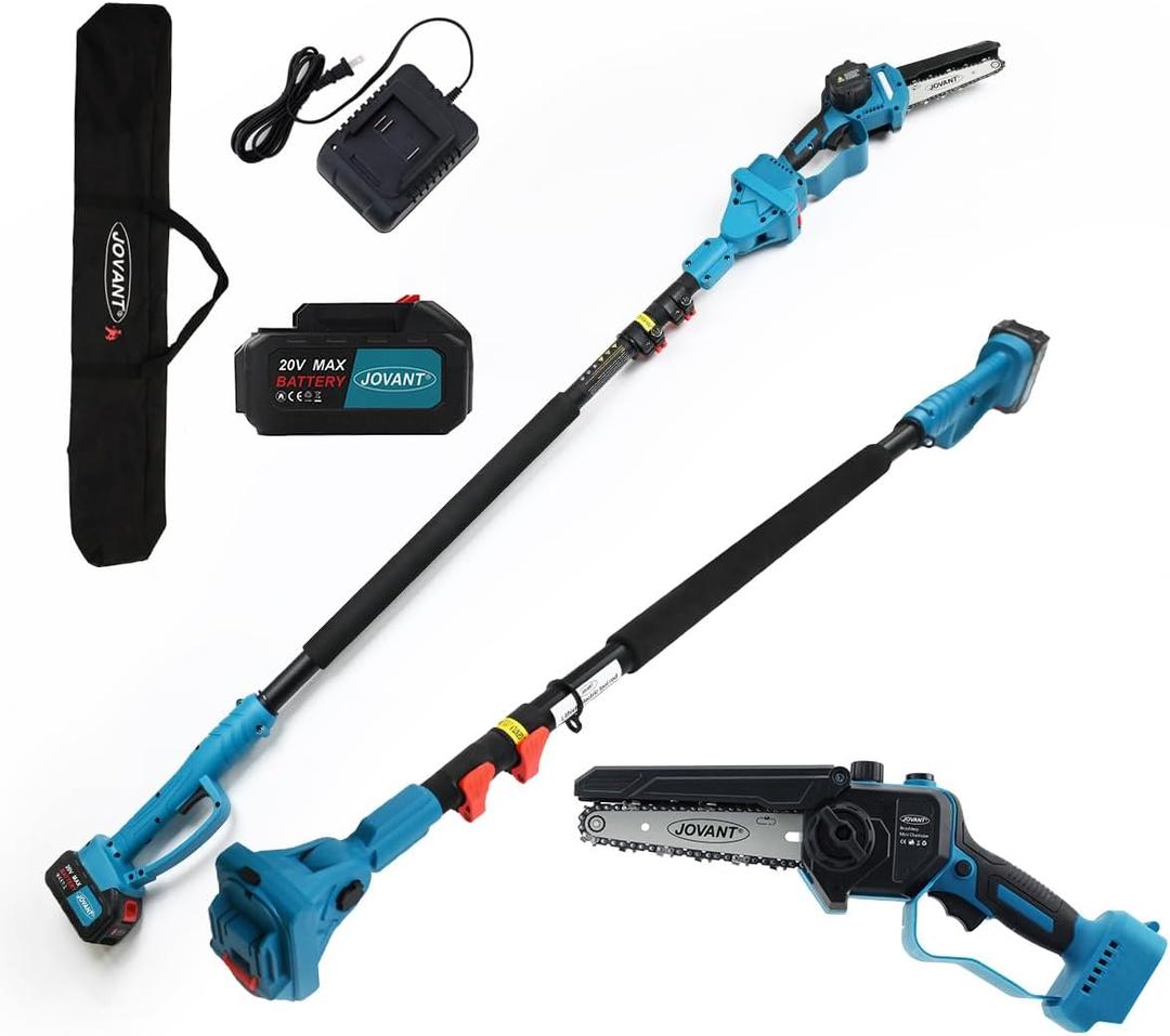 Pole Saw for Tree Trimming, 15-Foot Reach Pole Tree Trimmer, 6inch Electric Pole Chainsaw for Branch and Wood Cutting with Portable Bag and 20V 4A Battery Jovant
