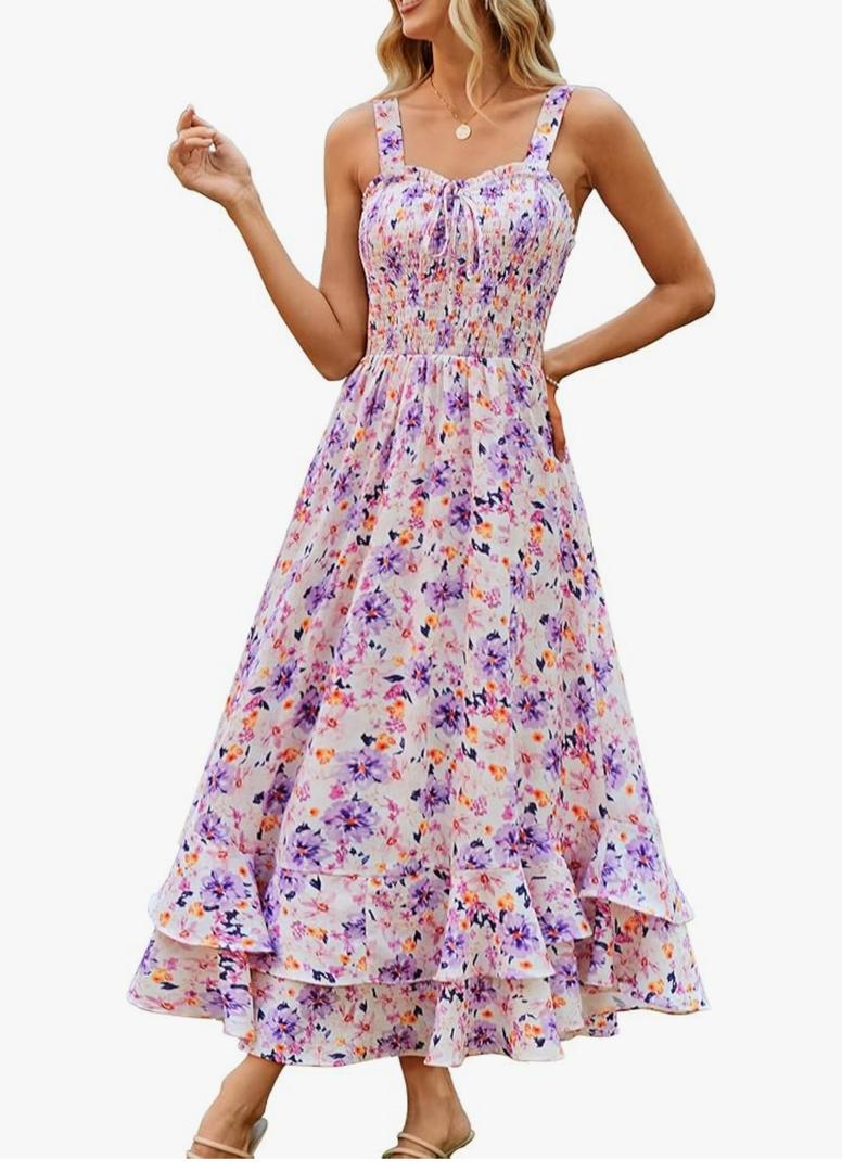GRACE KARIN Women's 2026 Summer Floral Boho Dress Square Neck Strapped Swing A Line Sundress Beach Long Maxi Outfits, Size M