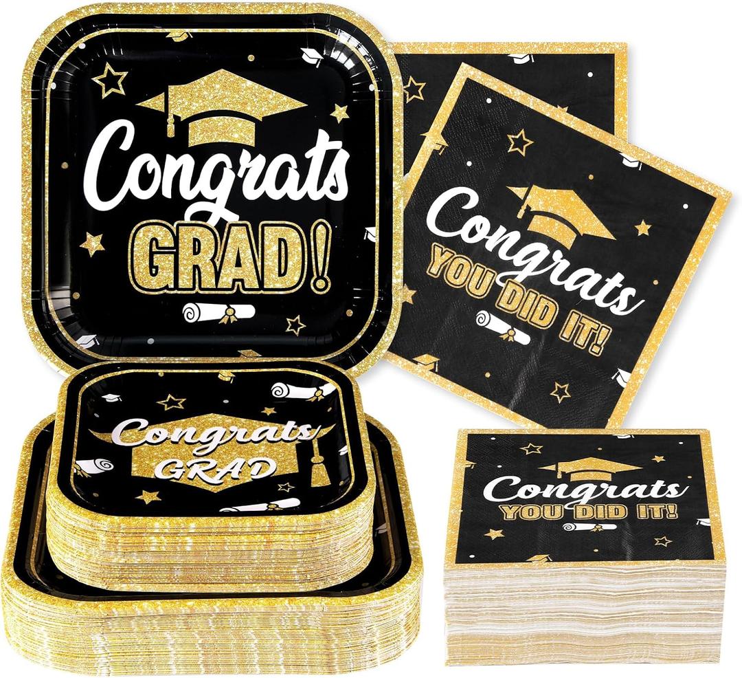 200 Pcs Graduation Party Decorations 2026 Black Gold Graduation Plates and Napkins Disposable Square Paper Plates Congrats Grad Tableware Set for Class of 2026 College High School Prom Party Serves 50