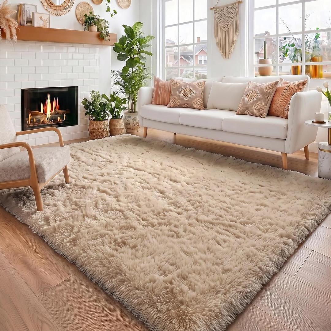 Amdrebio Beige Boho Large Fluffy Shag Area Rug 6x9 for Living Room Bedroom