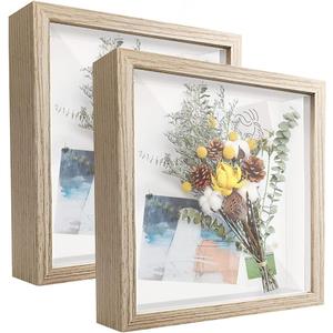 8x8 Shadow Box Frame Display Case (2 Packs) with Letter Stickers, Display Case Box for Memorabilia, Baby Items, Crafts, Tickets and Photos(Light Wood) (2pcs-natural Gray)