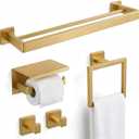 Luxury 5-Piece Bathroom Hardware Set with 23.6" Double Towel Bar and Toilet Paper Holder Shelf, Wall Mounted Bathroom Accessories, Modern Square Design SUS304 Stainless Steel Solid Metal, Brushed Gold