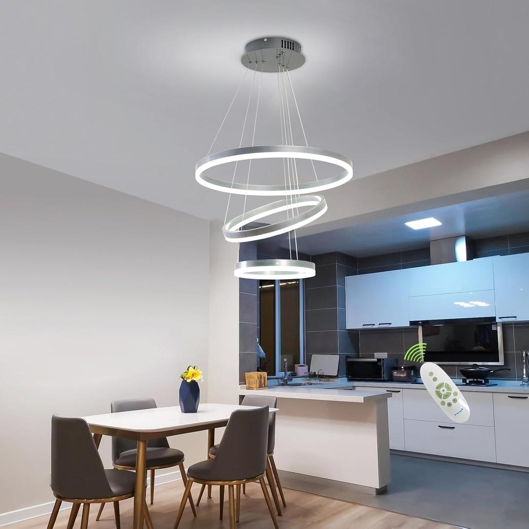 Silver Chandelier Led Pendant Light Fixture - 3 Ring Dimmable Modern Chandelier with Remote Control for High Ceiling Dining Room
