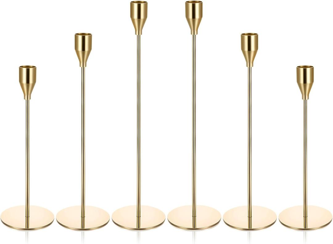 6 PCS Gold Taper Candle Holders Candlestick Holders Vintage Tall Candle Stick Holder Decorative Metal Centerpiece for Table Wedding Dinning Party Anniversary Home Decor