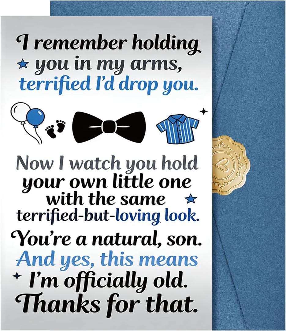 3 x JWSCYSY Funny Father's Day Card for Son, Fathers Day Gift from Dad, 5.3x8 Folded Card with Envelope & Sticker Happy Fathers Day Decorations.