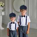 4Pcs Kids Boys Suspenders Bowtie Set with Black Glasses Newsboy Cap for Boy Girl Wedding 100 Days of School Costume
