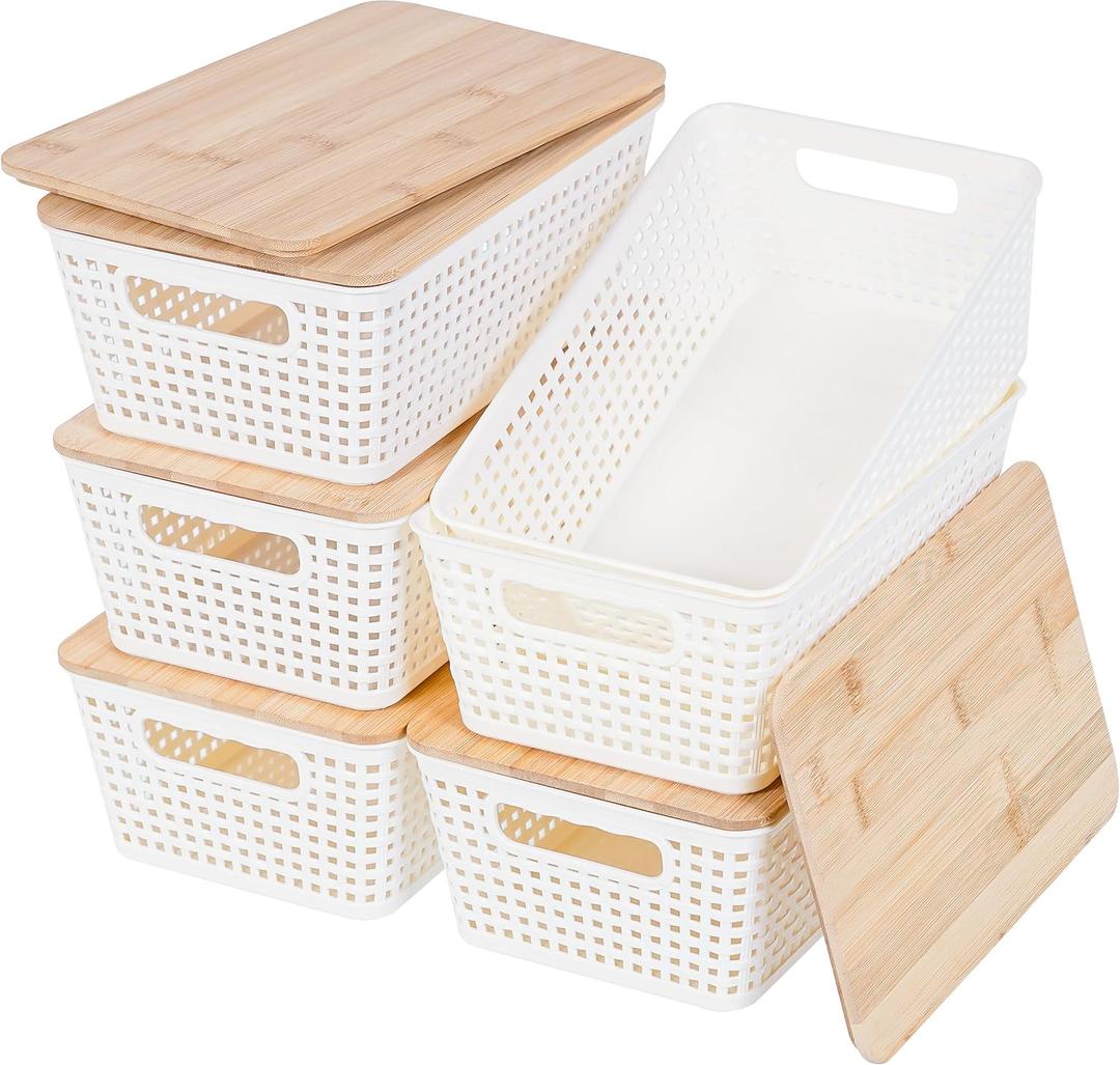 Anywish Small Storage Bins with Lids 6 Packs, Plastic Storage Basket with Bamboo Lid for Pantry Organization and Storage Containers for Shelves Drawers Desktop Closet Playroom Office Home, White