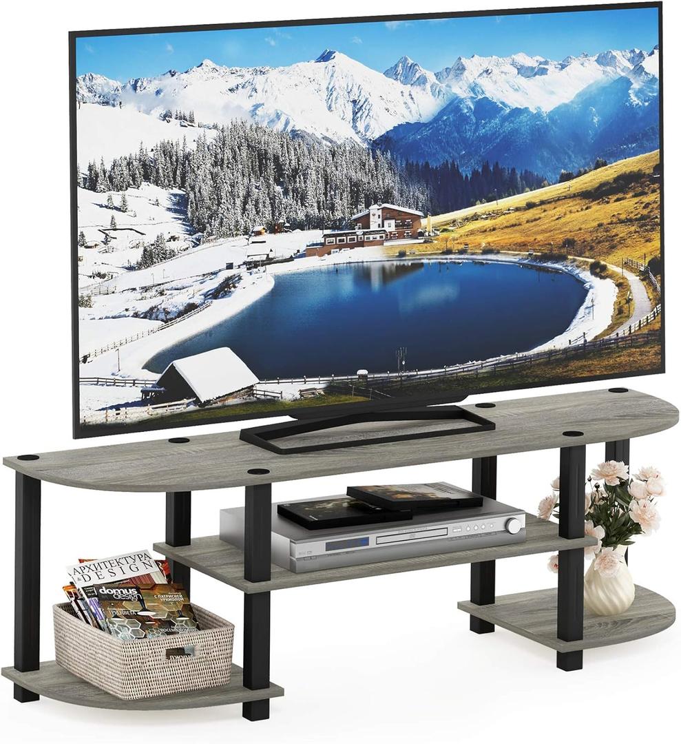 Furinno TURN-S-TUBE Wide 2-Tier TV Stand, Small Elevated No Tools TV Stand, TV Entertainment Center for TV up to 55 Inch, 47.25" x 13.4" x 15.9", French Oak/Black (4-Tiers with Round Corner)