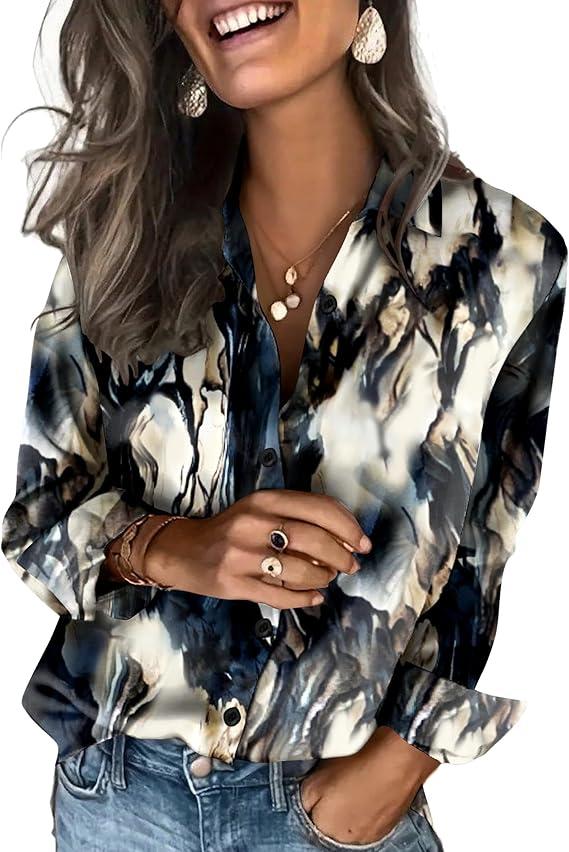 Zeagoo Satin Blouses for Women Silk Button Down Shirts Long Sleeve Tops | Dressy Casual Shirts, Business Casual Outfits, Ladys Fashion Clothes for Spring Summer Fall, Tie Dye Medium
