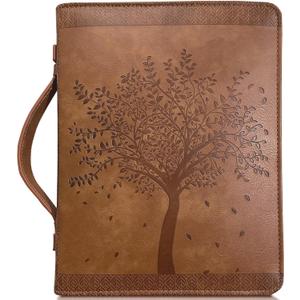 Angel Treasures Bible Cover with Engraved Tree of Life Design| Genuine Faux PU Leather Book Protector Case with Handle, Zipper, Pockets & Pen Slots