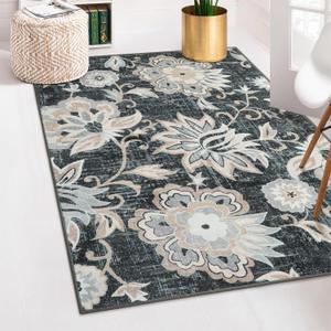 Beeiva Floral Large Carpet for Bedroom, 4x6 Rug Non Slip Vintage Black Rug for Bedroom, Paisley Print Living Room Ultra Thin Washable Rugs for Entryway Bedside Office