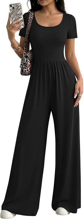 Ekouaer Summer Jumpsuits for Women Short Sleeve Wide Leg Romper Casual Square Neck Jumper 2026 One Piece Overalls with Pocket M