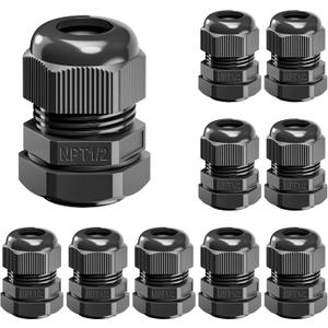 VCELINK 10 Pcs 1/2" NPT Cable Glands Nylon Waterproof, IP68 PA66 Cord Connectors, NPT 1/2" Wire Entry for Electrical Boxes, Strain Relief Wire Grommets, Black