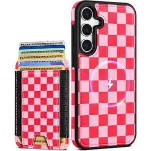 Shorogyt for Samsung Galaxy S25 Cute Kawaii Leather Phone Case - Compatible with Magsafe Wallet Magnetic Credit Card Holder Fashion Grid Design Phone Cover for Women Girls, Fits 7 Cards