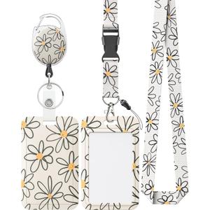 Uniclife Floral Sliding Badge Holder White Flower Plastic Case with Retractable Badge Reel Carabiner Clip & Detachable Lanyard Strap Fashionable Vertical Card Protector for Women Nurse Teacher Student (Beige Base Daisy)