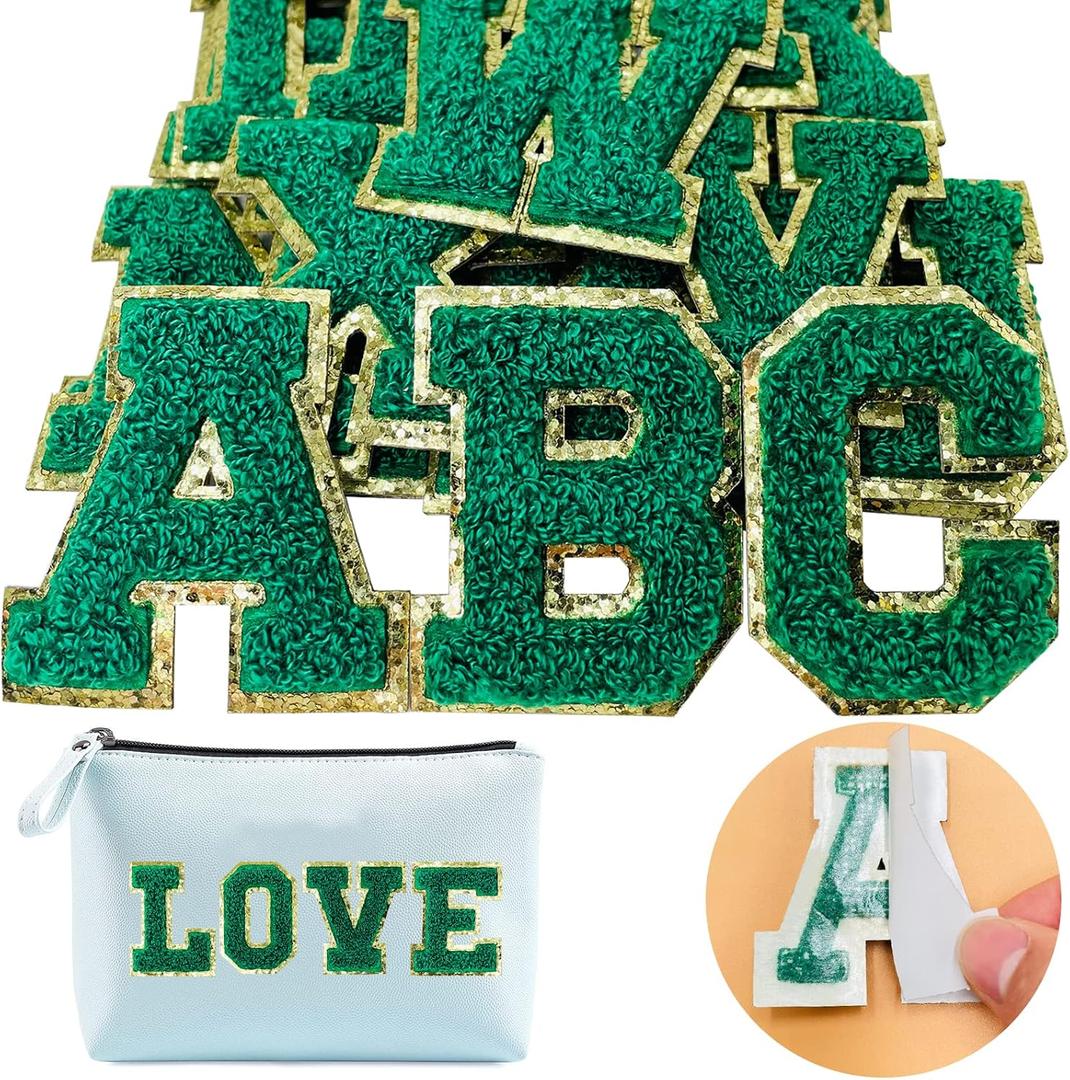 2 x Jongdari Chenille Letter Patches Self-Adhesive & Iron-On Letters, Varsity Fuzzy Patch Glitter Alphabet - 26pcs, Green