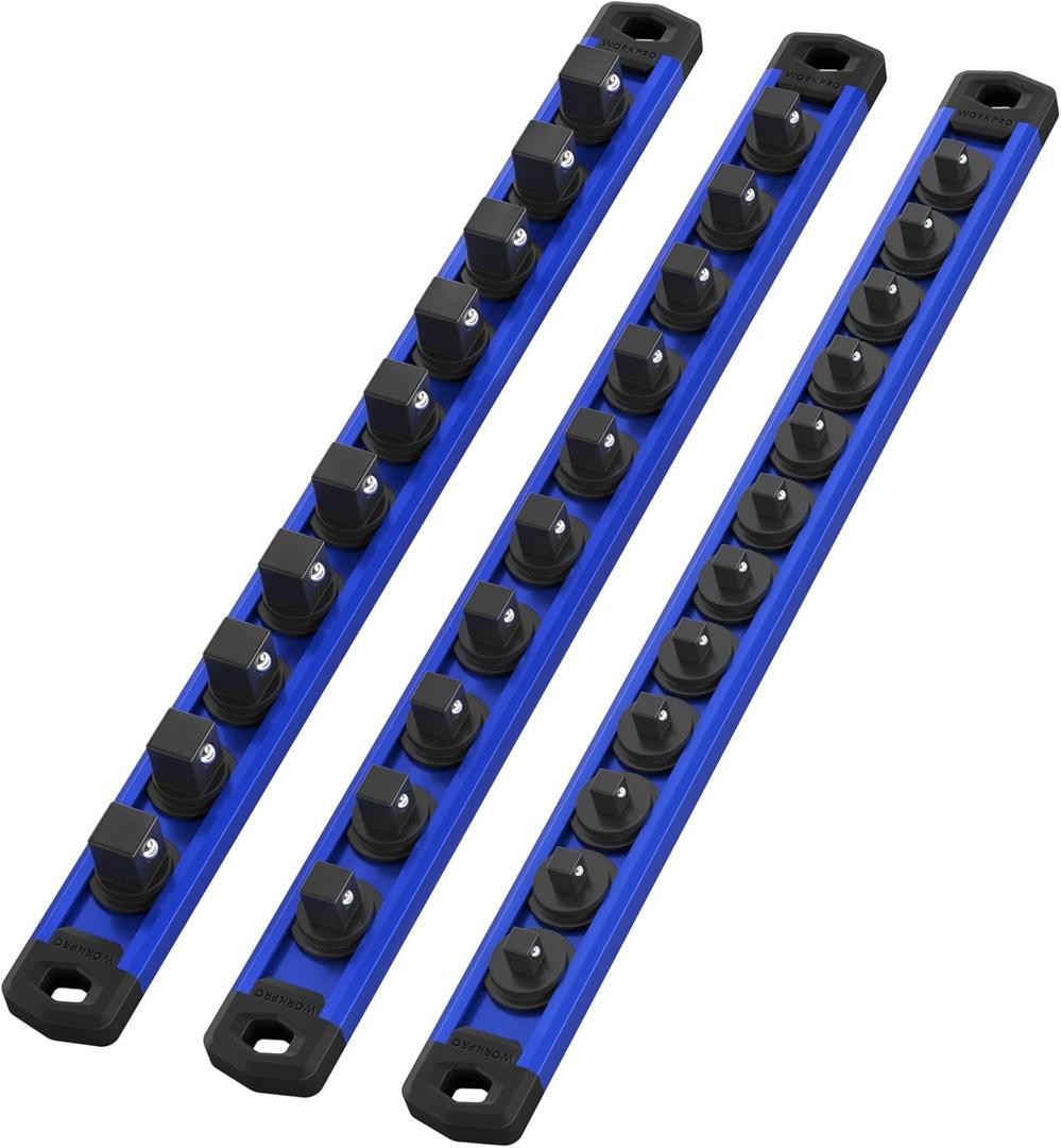 WORKPRO Magnetic Socket Organizer Set, 3-Piece Aluminum Alloy Socket Rail, Heavy Duty Socket Holder, Socket Rack Kit 1/4-Inch x 12 Clips, 3/8-Inch x 10 Clips, 1/2-Inch x 10 Clips (Blue)