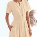 BTFBM Womens Summer 2026 Casual Midi Maxi Dresses Lightweight Short Sleeve V Neck Elastic Waist Boho Beach Dress Pockets (Apricot, Medium)