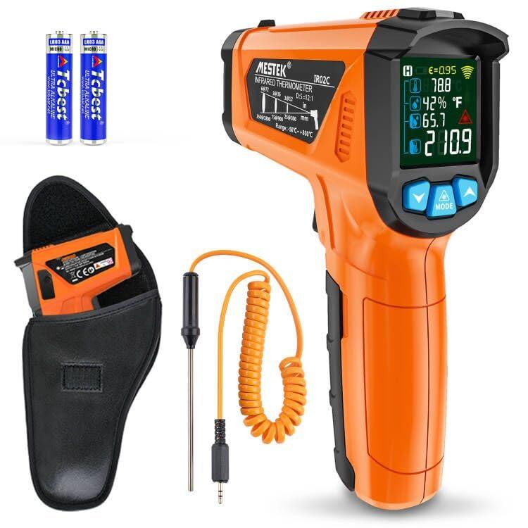 MESTEK Infrared Thermometer Gun, Non Contact Digital Laser Thermometer Temperature Gun with Color LCD for Cooking, Home Repairs, Humidity Measurement, Adjustable Emissivity -58F to 1472F(-50~800C)